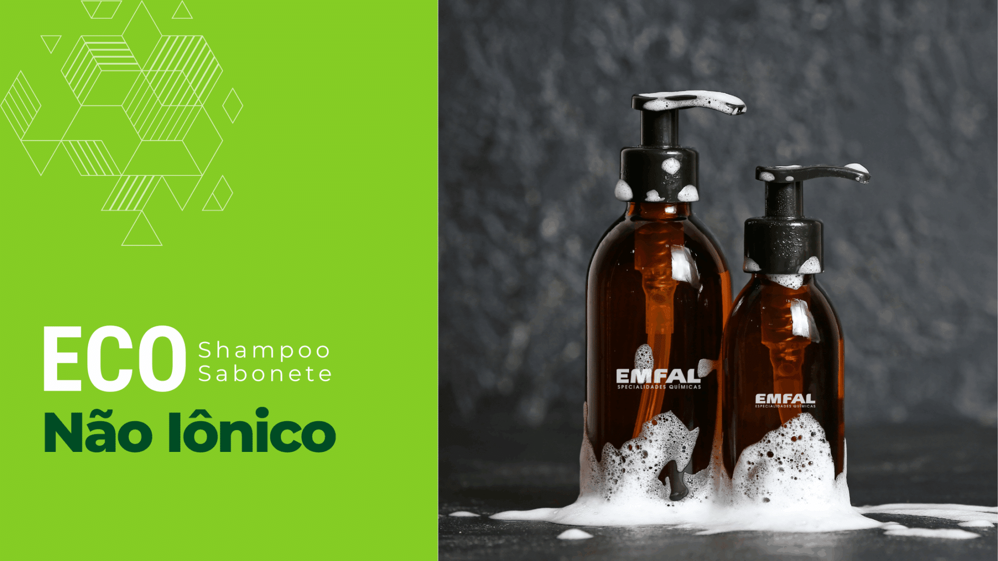 Imagem com dois frascos âmbar em meio a espuma, representando a Base Eco Shampoo e Sabonete Não Iônico